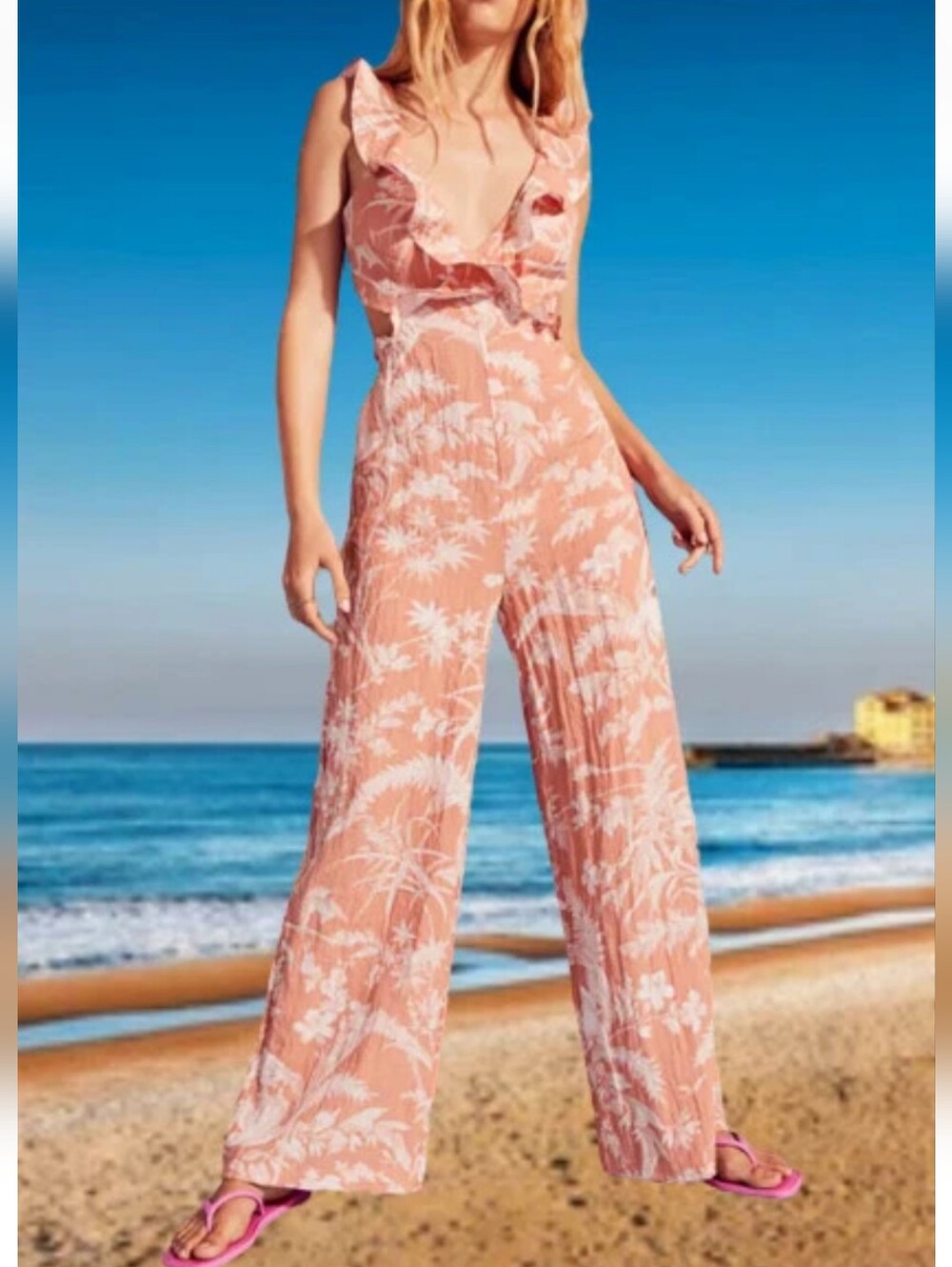 H&M Peach Jumpsuit with White Tropical Print and Ruffle V-Neck